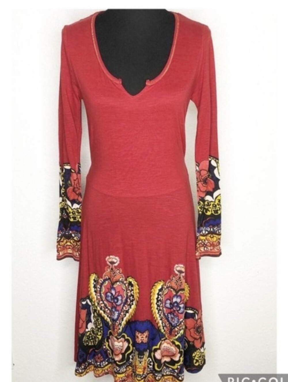 Desigual red v notched neck floral print beaded dress size Large